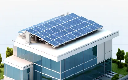 Painéis solares instalados em um edifício comercial moderno com grandes janelas de vidro.