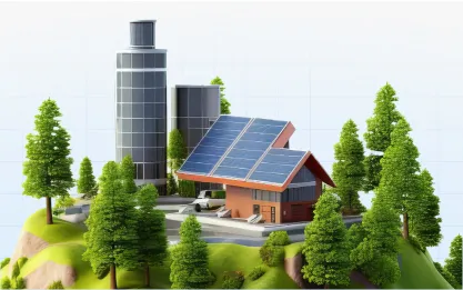 Sistema de painéis solares em uma área rural com vegetação ao fundo e céu claro.